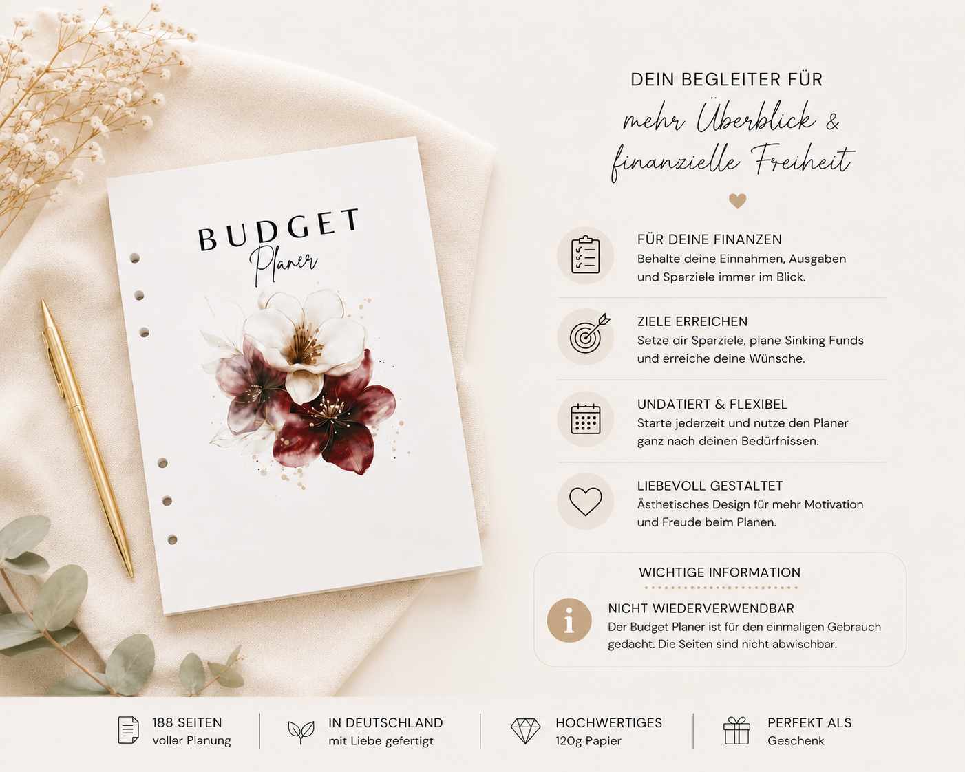 Undatierter Budget Planer im A5 Format mit Blumen Design zur Verwaltung von Einnahmen, Ausgaben, Sparzielen und Monatsbudgets. Ideal für Cash Stuffing und persönliche Finanzplanung.