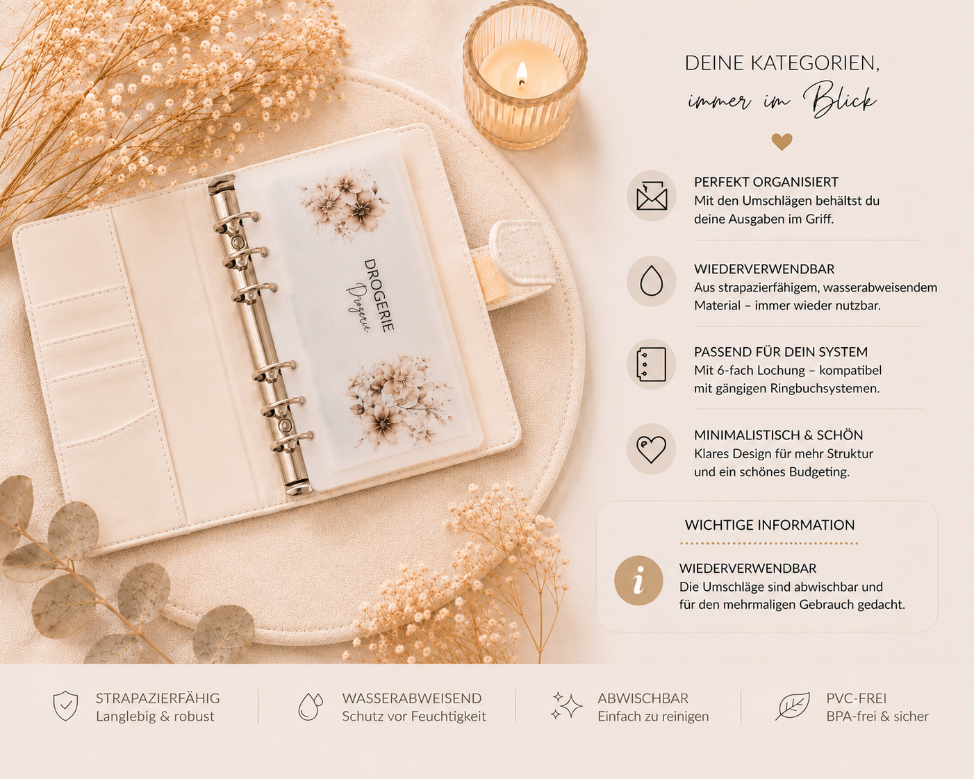 A6 Budget Umschläge mit zartem Blumen Design für Cash Stuffing und Budget Binder. Wiederverwendbar, wasserabweisend und abwischbar für eine strukturierte Finanzplanung.
