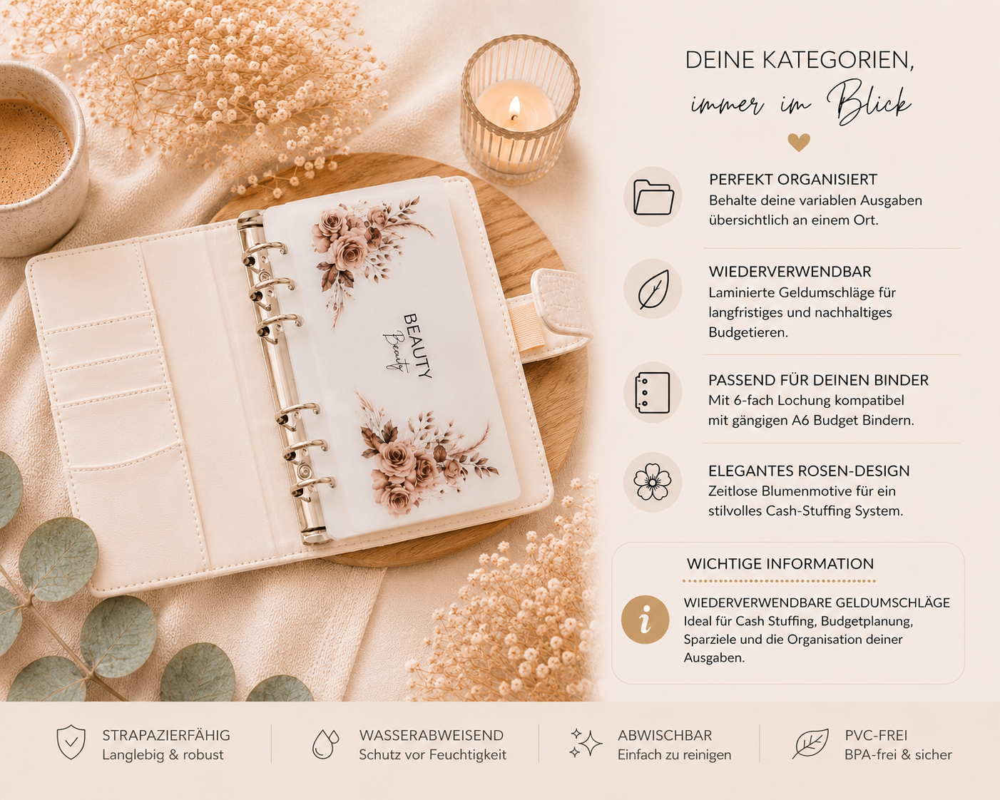 A6 Budget Umschläge mit stilvollem Rosenmotiv für Cash Stuffing und Budget Binder. Wasserabweisend, abwischbar und ideal zur Organisation von Ausgaben, Sparzielen und Budgetkategorien.