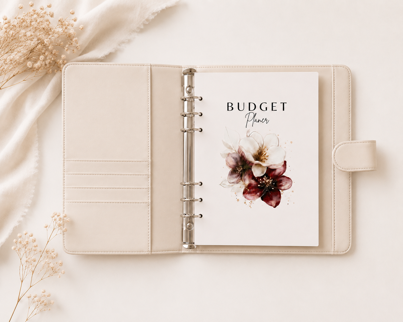 A5 Budgetplaner mit Blumenmotiv und 188 Seiten für Finanzplanung, Ausgabenkontrolle, Sparziele und Sinking Funds. Undatierter Finanzplaner für mehr Überblick über die persönlichen Finanzen.