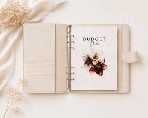A5 Budgetplaner mit Blumenmotiv und 188 Seiten für Finanzplanung, Ausgabenkontrolle, Sparziele und Sinking Funds. Undatierter Finanzplaner für mehr Überblick über die persönlichen Finanzen.
