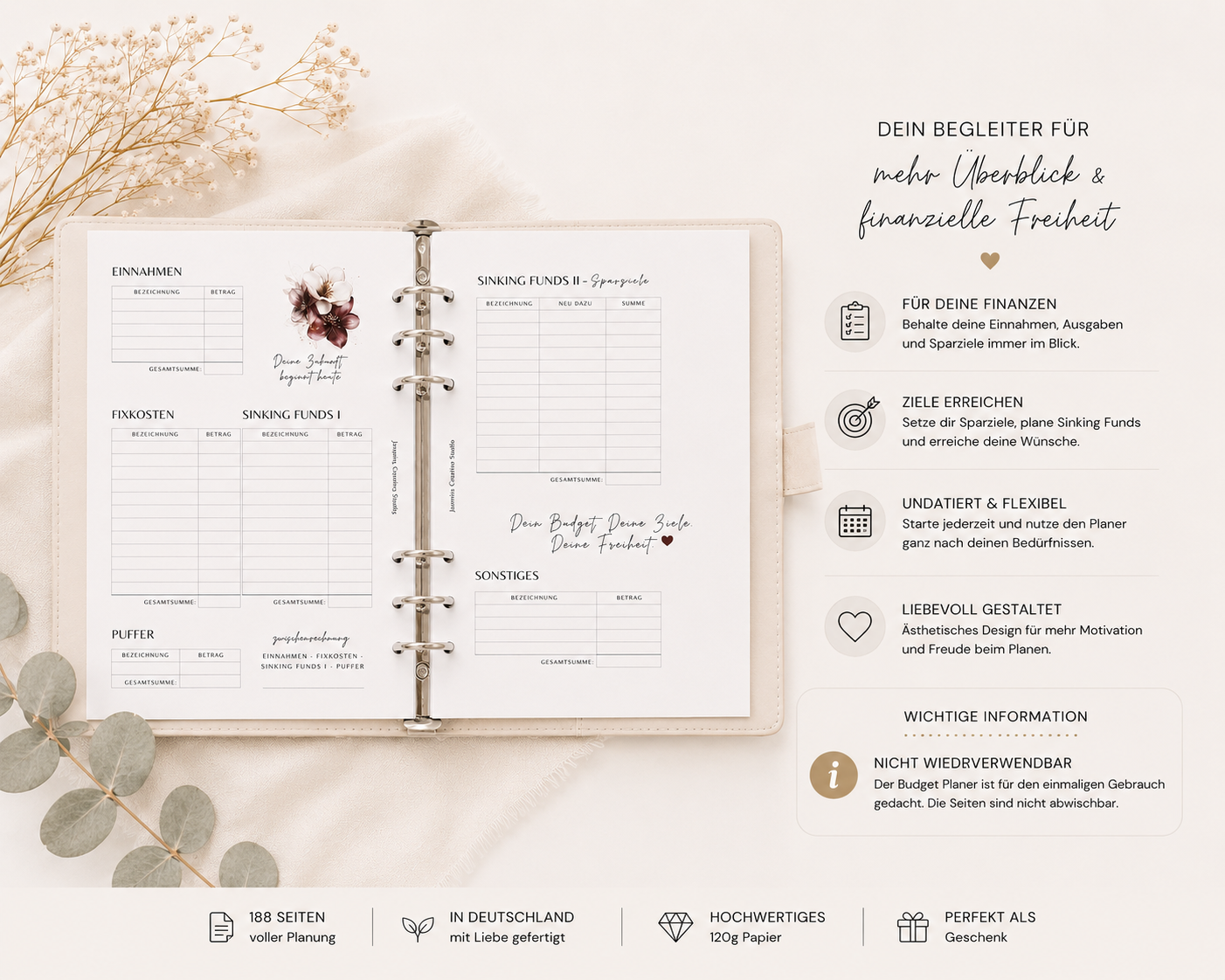 Eleganter Budgetplaner mit Blumenmotiv in einem cremefarbenen Ringbuch Binder. Perfekt für Cash Stuffing, Budgetplanung, Sparziele und Haushaltsorganisation.
