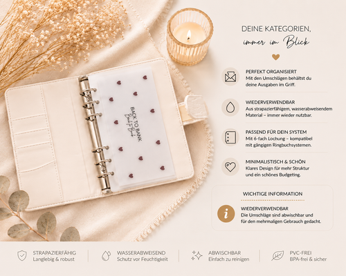 A6 Cash-Stuffing Umschläge mit Herz Design für Budget Binder. Wiederverwendbar, wasserabweisend, abwischbar und ideal zur Organisation von Ausgaben, Sparzielen und Kategorien.