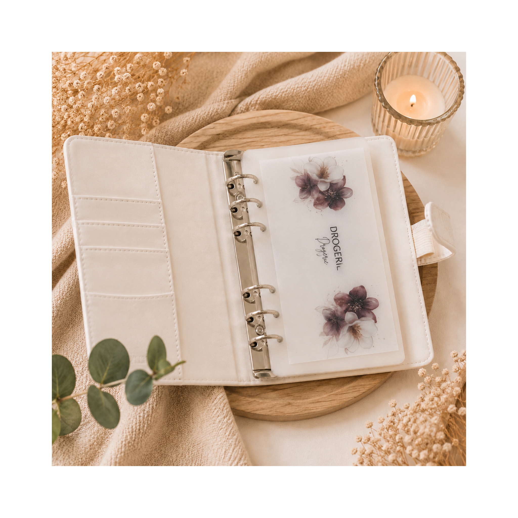 Transparenter Budget Umschlag mit Blumenmotiv für die Kategorie Drogerie in einem A6 Budget Binder zur Verwaltung von Haushaltsausgaben